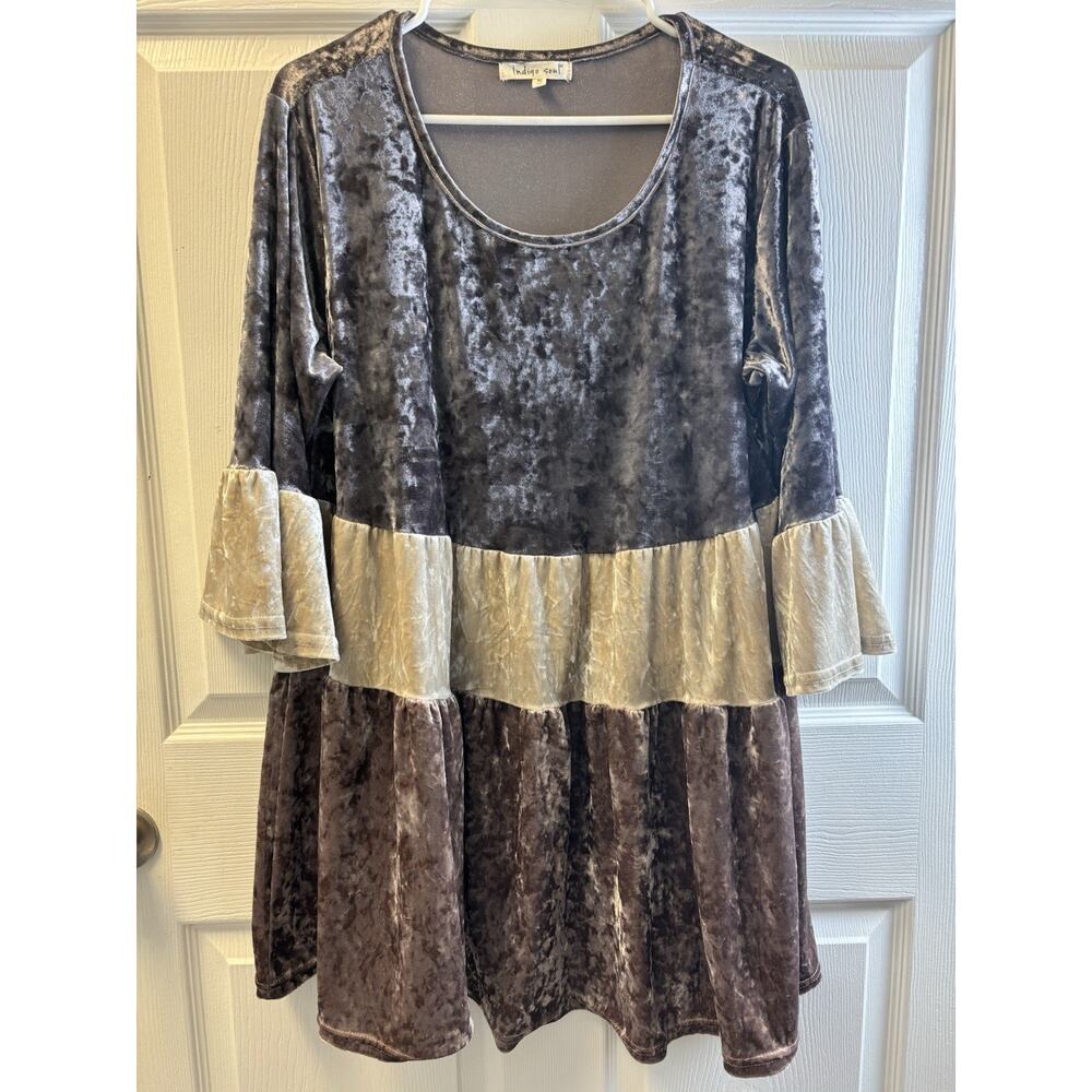 Indigo Soul Velvet V-Notch Mini Dress Sz XL Blue Soft Stretch Pockets Boho Goth